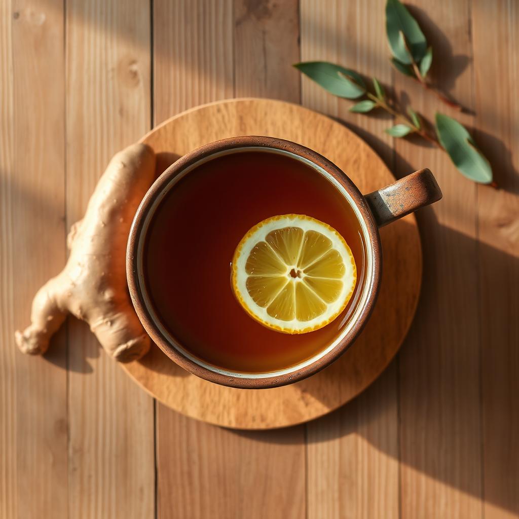 Ginger & Lemon herbal tea, overhead flat lay