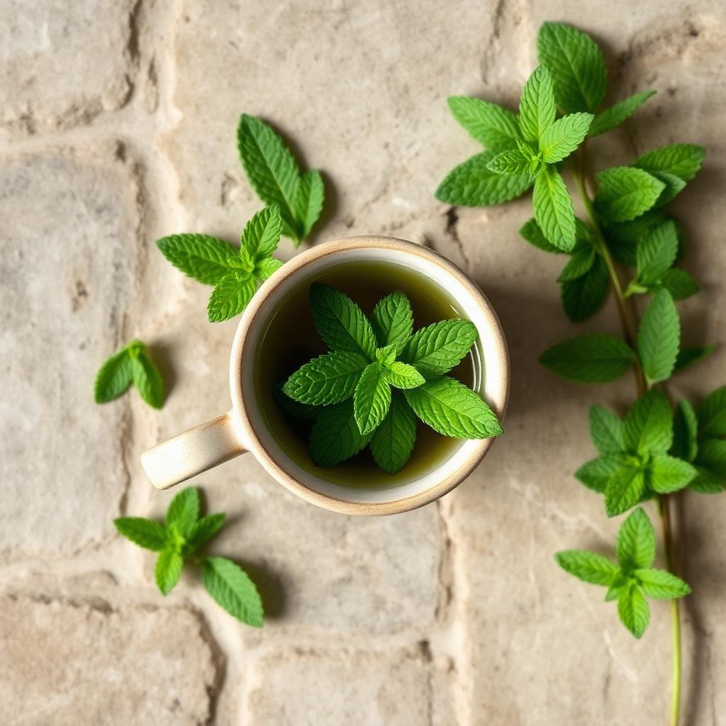 Peppermint herbal tea, overhead flat lay